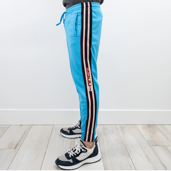 Men’s GUCCI Side-stripe Tapered-leg Jersey Track Pants In Blue - Picture 6 of 11